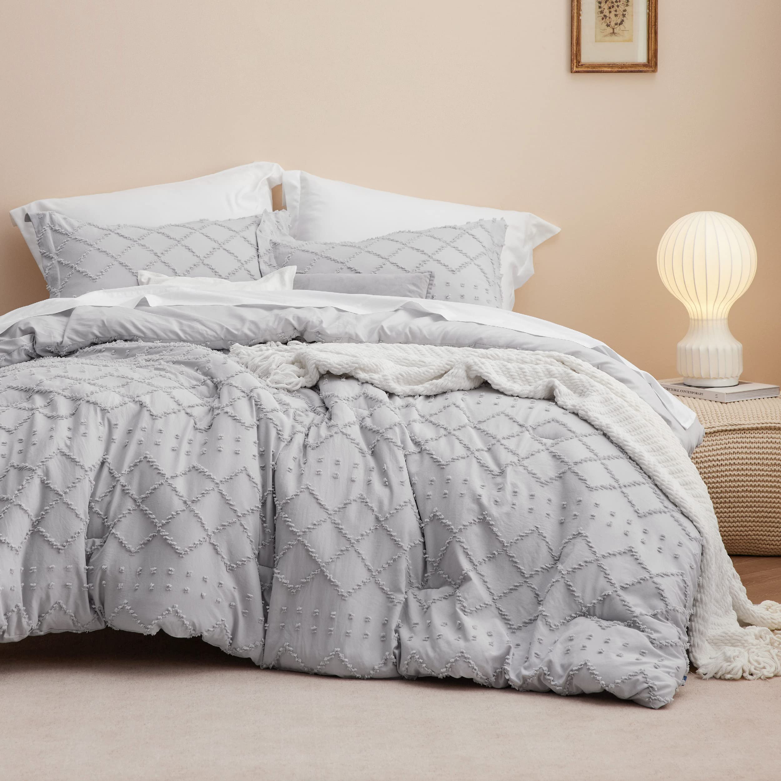 Bedsure Boho Comforter Set Twin - Grey Tufted Shabby Chic Bedding Comforter Set For All Seasons, 2 Pieces Western Bed Set Farmho
